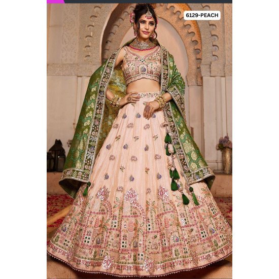 Regal Peach Embroidered Bridal Lehenga Choli with Green Banarasi Dupatta
