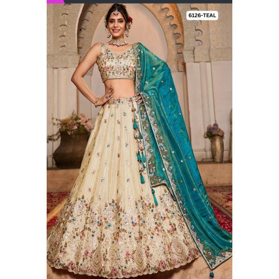 Designer Ivory Embroidered Bridal Lehenga Choli with Teal Banarasi Dupatta