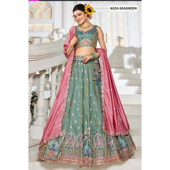 Sea Green Embroidered Lehenga Choli with Contrasting Pink Dupatta