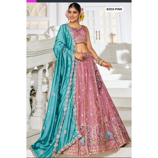 Pink Embroidered Lehenga Choli with Contrasting Sea  Blue Dupatta
