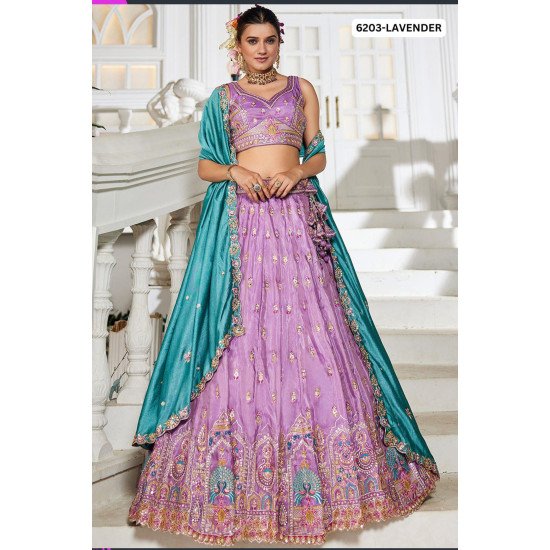 Lavender Embroidered Lehenga Choli with Contrasting Sea  Blue Dupatta