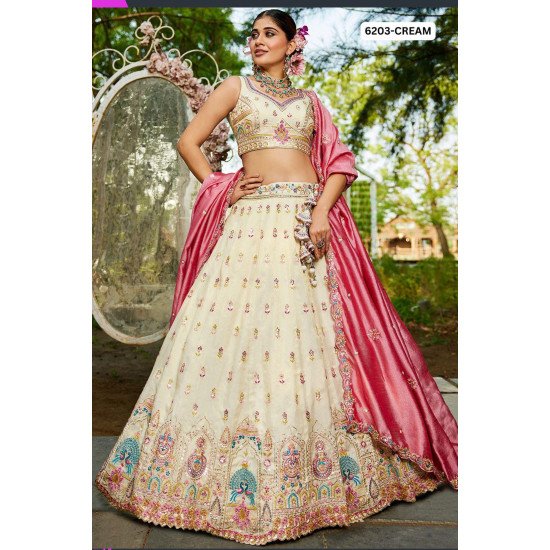Cream Embroidered Lehenga Choli with Contrasting Pink Dupatta 