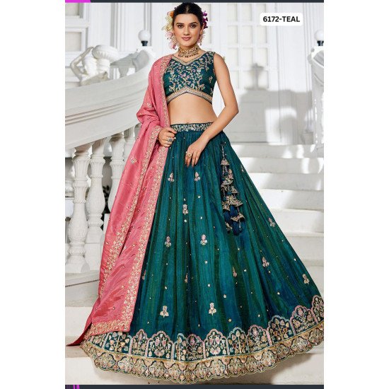 Teal Embroidered Lehenga Choli with Pink Dupatta