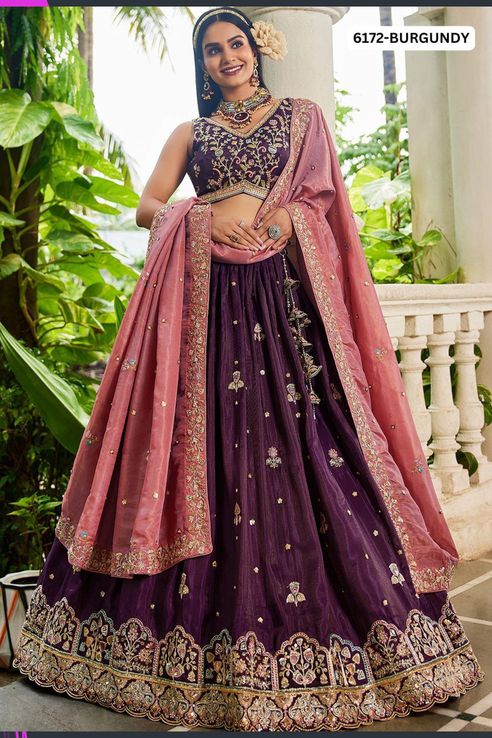 Burgundy Embroidered Lehenga Choli with Peach Dupatta