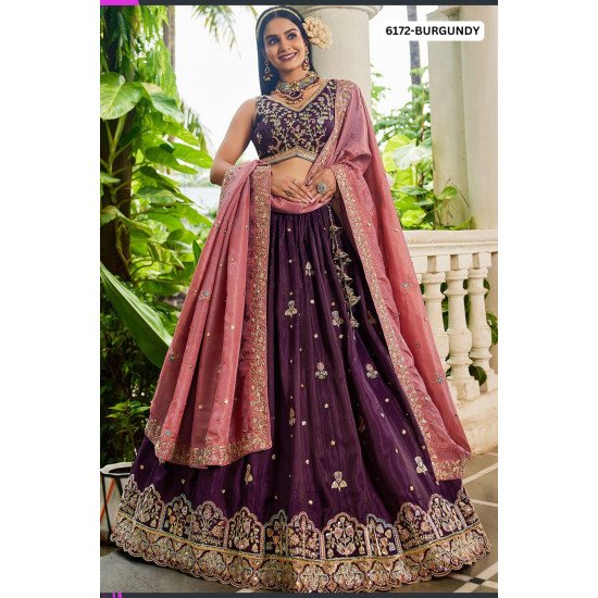 Burgundy Embroidered Lehenga Choli with Peach Dupatta