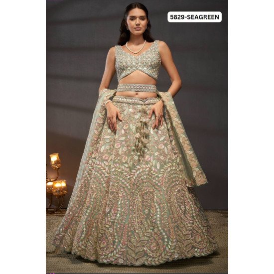 Embroidered Seagreen Lehenga Choli with Pastel Accents – Subtle Sophistication for Day Weddings