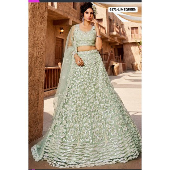 Lime Green Embroidered Net Lehenga Choli with Floral Motifs