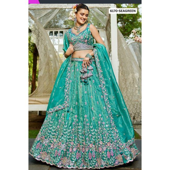 Designer Sea Green Designer Embroidered Lehenga Choli with Floral Detailing