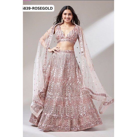Rosegold Mirror Work Lehenga Choli with Sequin Embellishments – Glamorous Look for Sangeet & Evening Events