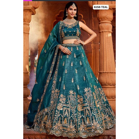 Teal Cutdana And Pearlwork Lehenga Choli with Antique Gold Zari Work 