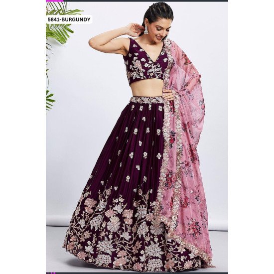 Burgundy Floral Lehenga Choli with Pink Organza Dupatta – A Regal Choice for Day Weddings & Mehendi
