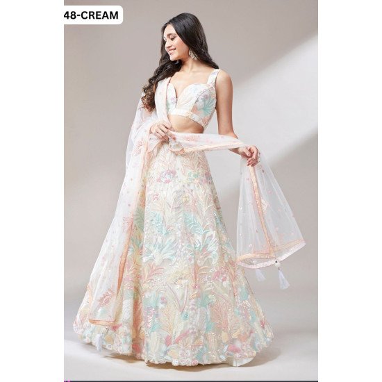 Elegant Cream Floral Embroidered Lehenga Choli with Net Dupatta Bridal Festive Wear