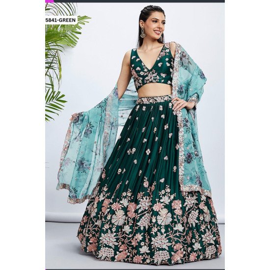 Elegant Green Floral Lehenga Choli with Organza Dupatta – A Regal Choice for Day Weddings & Mehendi