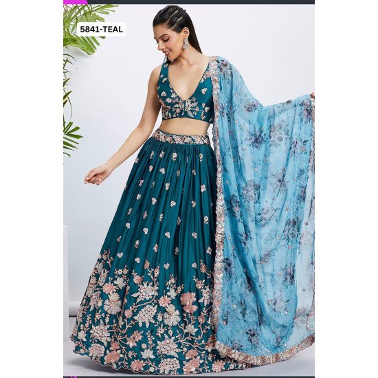 Designer Teal Floral Lehenga Choli with Organza Dupatta