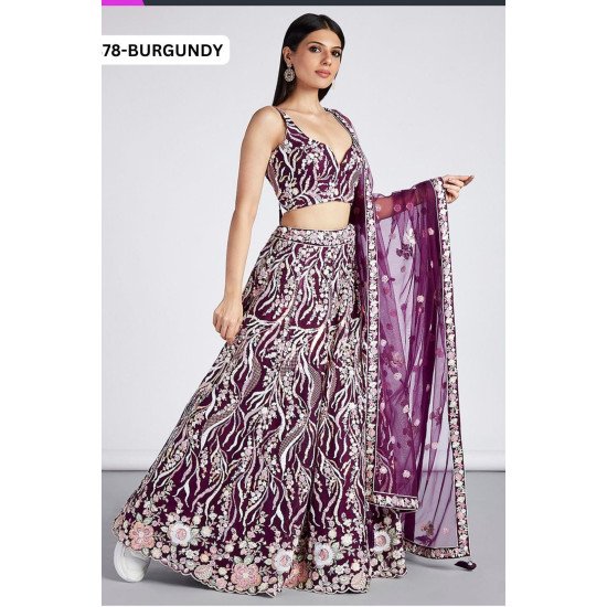 Luxurious Burgundy Thread Embroidered Lehenga with Net Dupatta – For Grand Weddings & Receptions