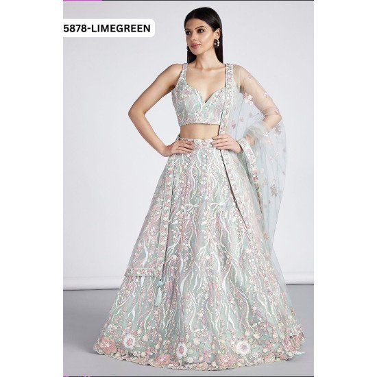 Luxurious Limegreen Thread Embroidered Lehenga with Net Dupatta For Grand Wedding