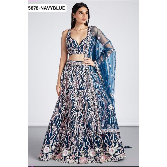 Navy Blue Thread Embroidered Lehenga with Net Dupatta – For Grand Weddings & Receptions
