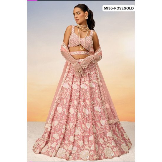 Designer Rose Gold Embroidered Net Lehenga Choli with Sequin Work 