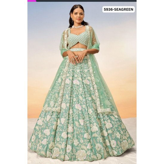 Designer Embroidered Seagreen Net Lehenga Choli with Sequin Work 