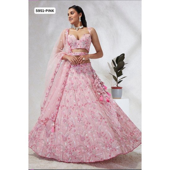 Embroidered Net Pink Lehenga Choli with Sequin & Tassel Detailing – Designer Festive Wear Set