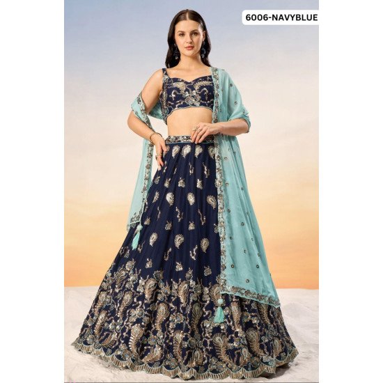 Navy Blue Embroidered Velvet Lehenga Choli with Zari and Sequin Work
