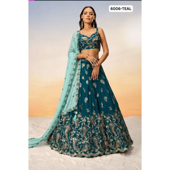 Teal Embroidered Velvet Lehenga Choli with Zari and Sequin Work