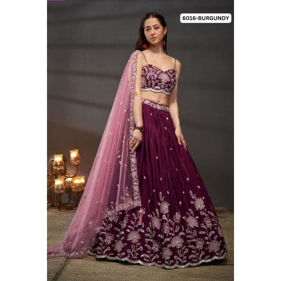 Elegant Burgundy Embroidered Lehenga Set with Pink Dupatta - Designer Bridal Collection