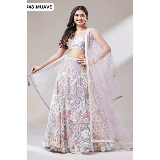 Elegant Muave Floral Embroidered Lehenga Choli with Net Dupatta – Bridal & Festive Wear