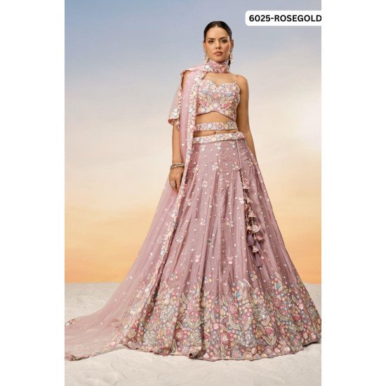 Rosegold Embroidered Lehenga Set with Floral Detailing
