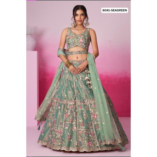 Elegant Seagreen Embroidered Bridal Lehenga Set For Wedding