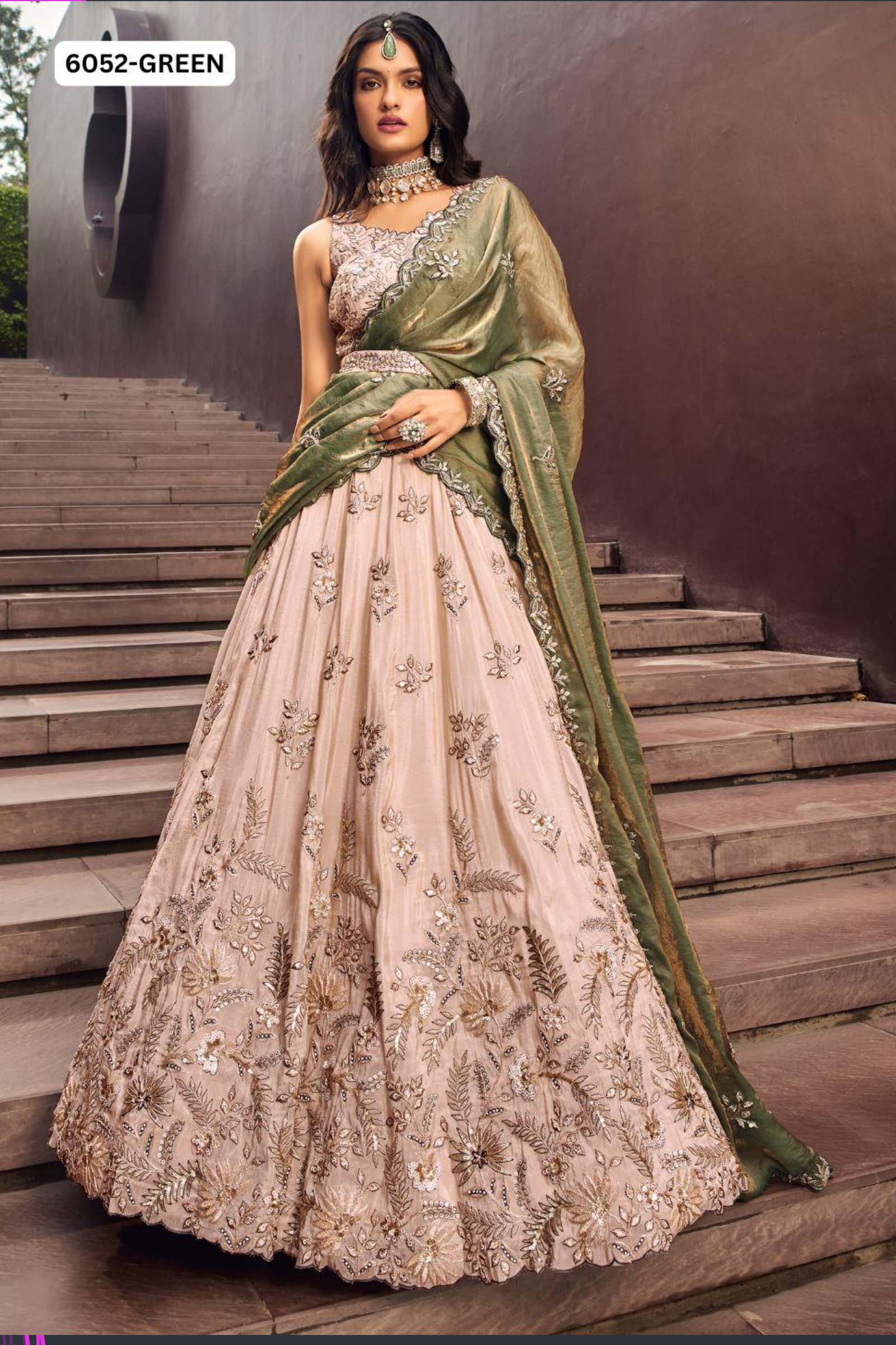 Blush Peach & Olive Green Embroidered Lehenga Set