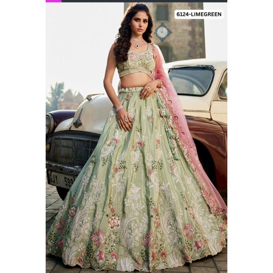 Graceful Lime Green Embroidered Lehenga Choli with Pink Net Dupatta