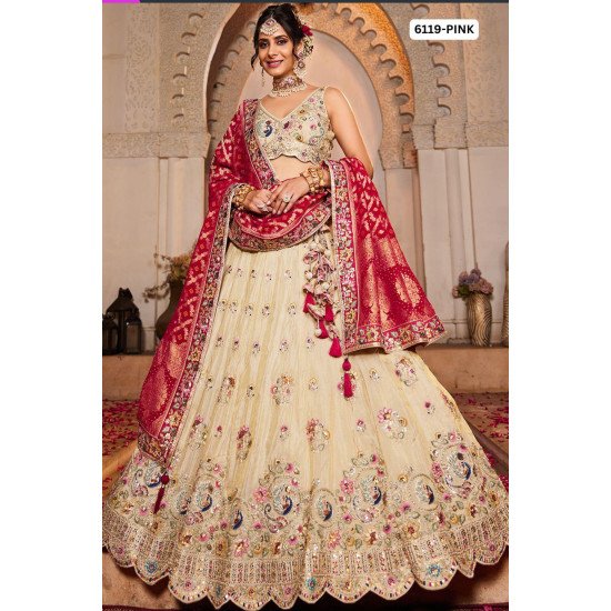 Royal Cream & Pink Embroidered Bridal Lehenga Choli with Banarasi Dupatta