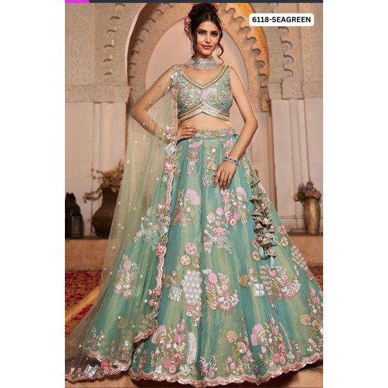Elegant Sea Green Embroidered Bridal Lehenga Choli with Sequence & Floral Work 