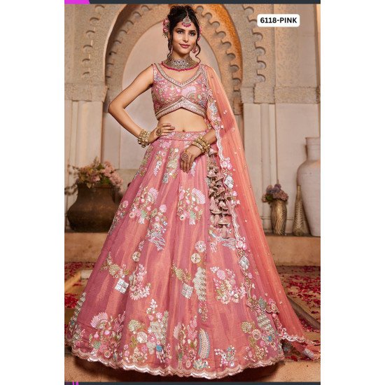 Elegant Pink Embroidered Bridal Lehenga Choli with Sequence & Floral Work