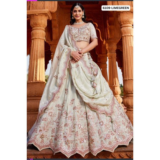 Designer Lime Green Embroidered Bridal Lehenga Choli with Heavy Dupatta