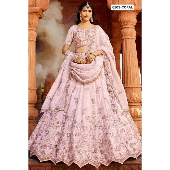 Soft Coral Pink Embroidered Bridal Lehenga Choli with Heavy Dupatta