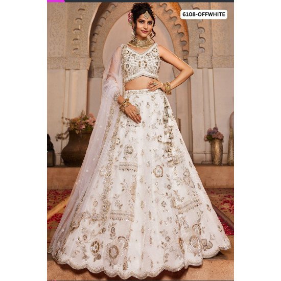 Designer Off White Floral Mirror Work Lehenga Choli with Net Dupatta