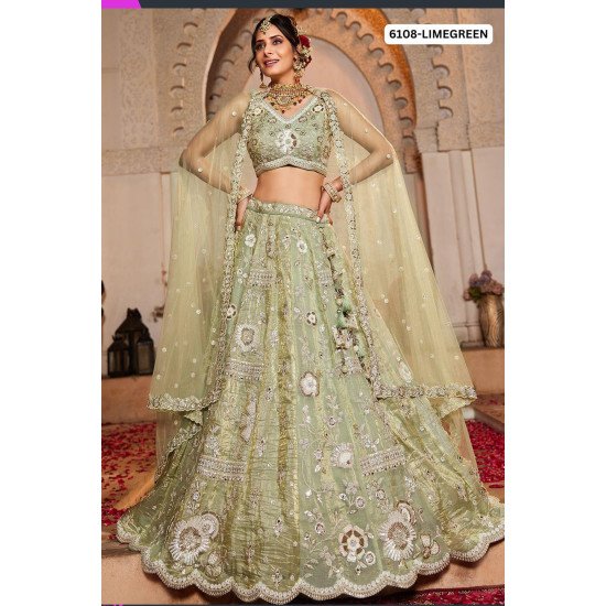 Lime Green Floral Mirror Work Lehenga Choli with Net Dupatta