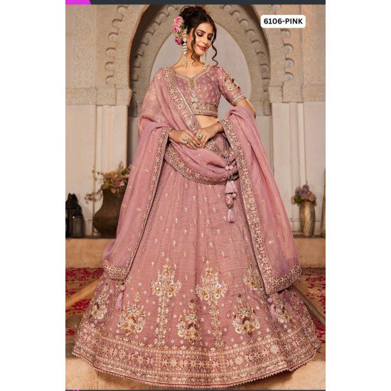 Designer Dusty Pink Thread Embroidered Lehenga Choli with Tassel Dupatta 