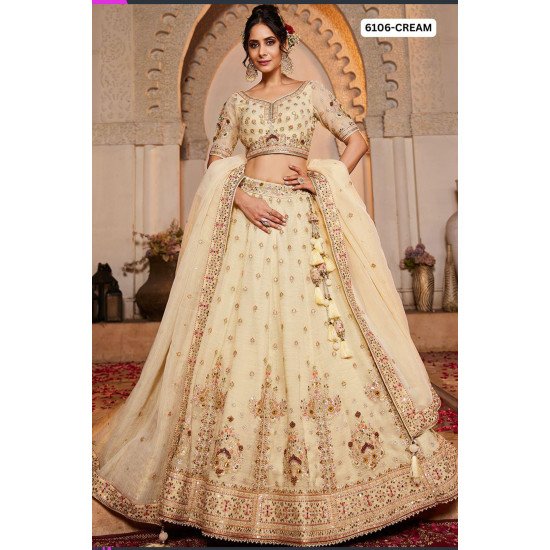 Cream Mirror & Thread Embroidered Lehenga Choli with Tassel Dupatta