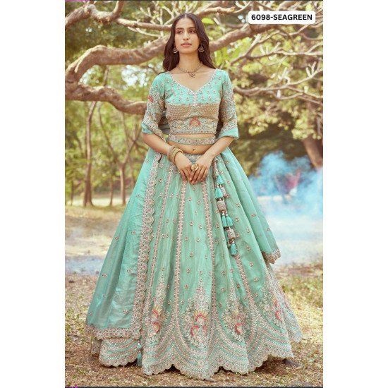 Designer Sea Green Embroidered Designer Lehenga Choli with Pearl
