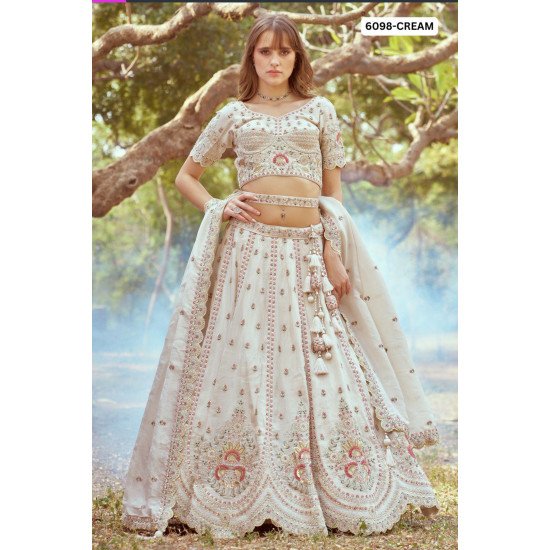 Cream Embroidered Designer Lehenga Choli with Pearl & Zari Detailing 