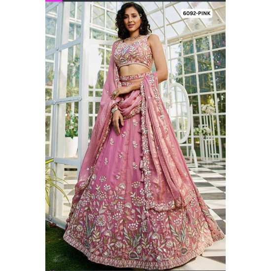 Pink Embroidered Lehenga Choli with Floral Thread & Sequin Work