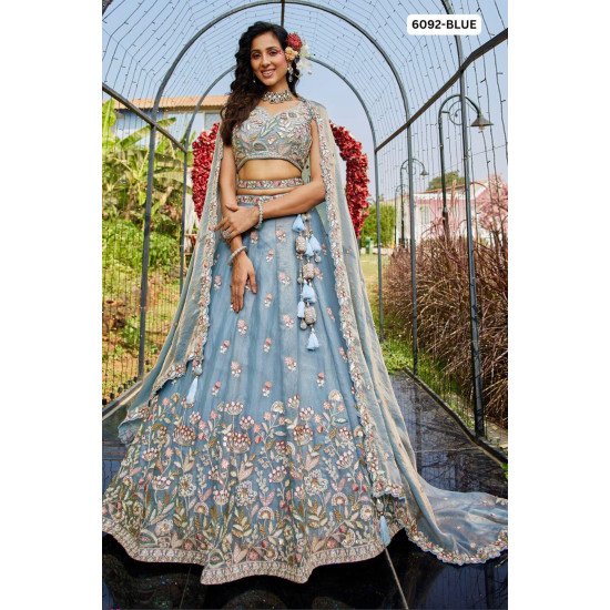 Pastel Blue Embroidered Lehenga Choli with Floral Thread & Sequin Work