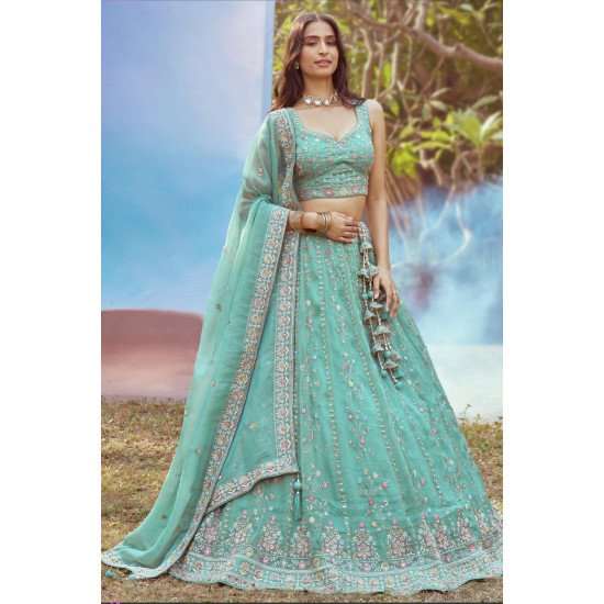 Designer Multicolor Embroidered Silk Lehenga Choli with Tassel Dupatta