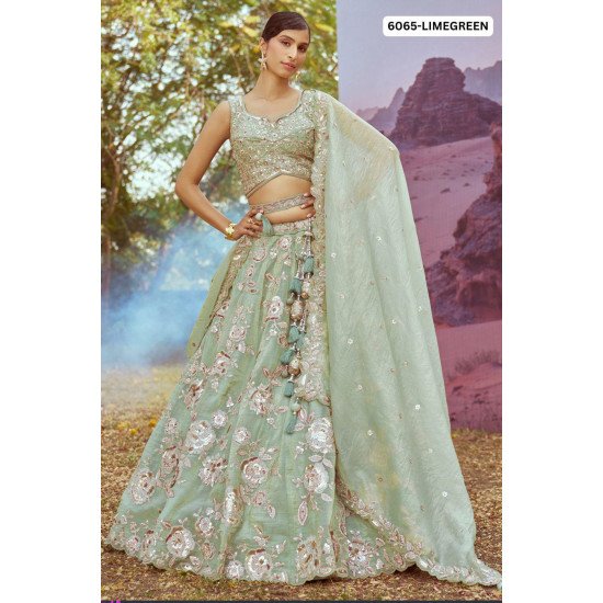 Designer Lime Green Lehenga Choli with Floral Sequin Embroidery 