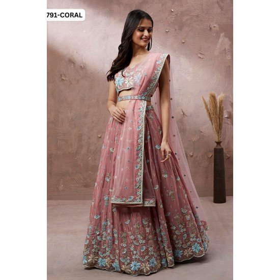 Chic Coral Pink Floral Embroidered Lehenga Choli with Blue Accents – Light Festive & Daywear Elegance