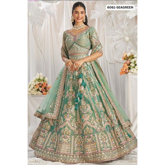 Heavy Embroidered Seagreen Bridal Lehenga Set with Mirror & Zari Work 