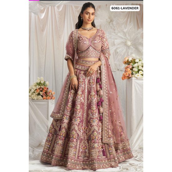 Heavy Embroidered Lavender Bridal Lehenga Set with Mirror & Zari Work